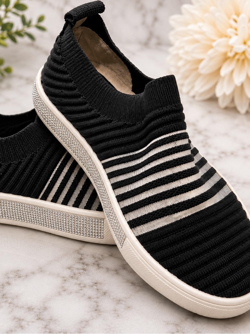 Bernie Mev Black Silver Striped Rhinestone Knit Slip On Sneakers size 36